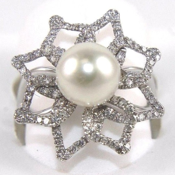 Pearl & Diamond Solitaire Ring 14k WG 1.00Ct 8.5mm